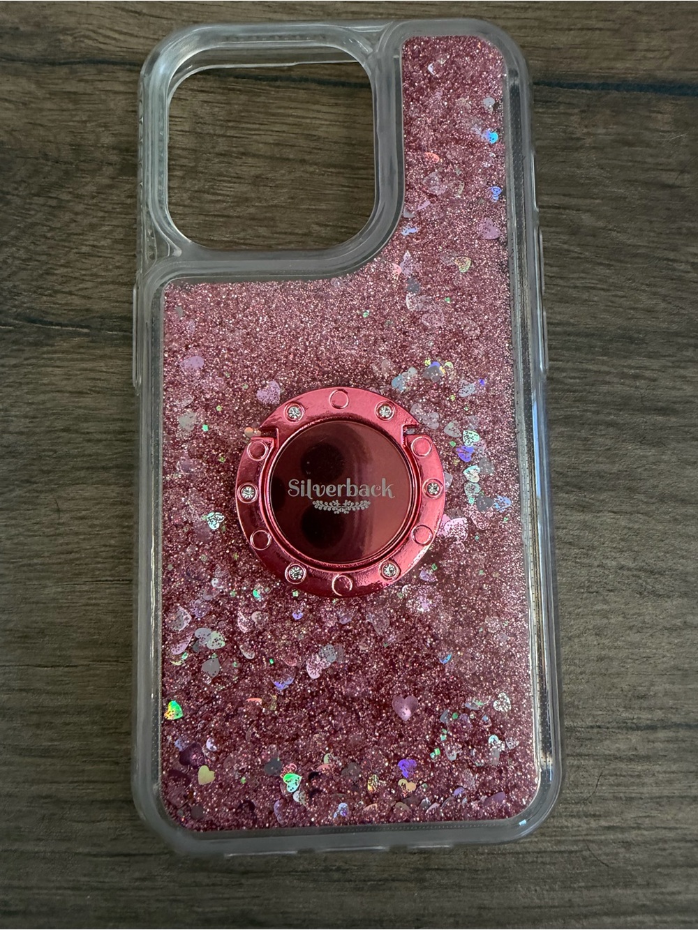 Pink Heart Glitter Filled IPhone 15 Pro Rhinestone Detail Phone Case